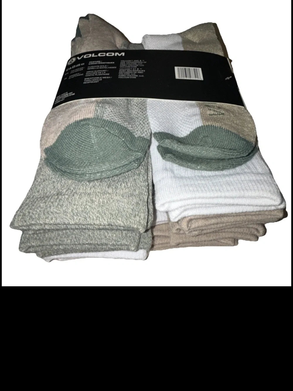 Volcom Cushioned Crew Socks 8 Pair Men 6-12 White Brown Green w Logos Ride NEW!